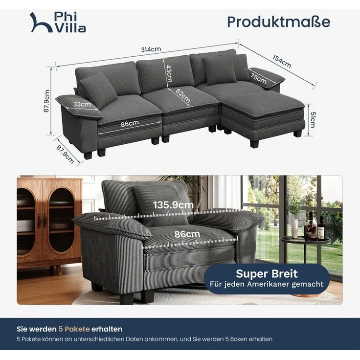 PHI VILLA Ecksofa L-Form Couch, 4-6-Sitzer-Sofa, Modulare Sofas inklusive Zierkissen und Ottomane für das Wohnzimmer – Bild 2