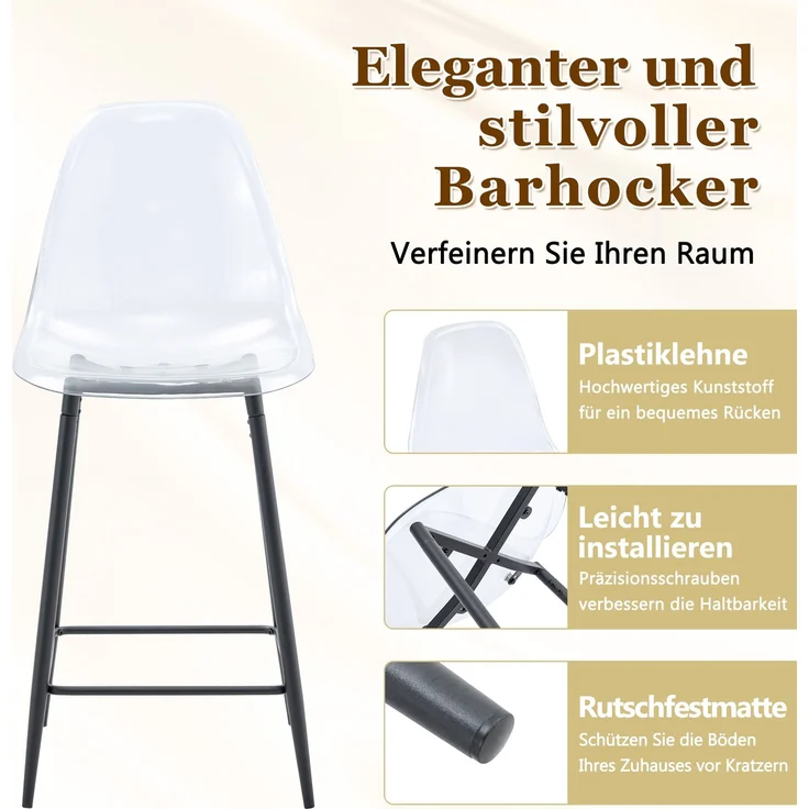 Transparente Barhocker Set, 4er Pack, mit Metallgestell in Silber/Gold/Schwarz, Moderne Design-Stühle für Küche, Bar oder Esszimmer (Nur Stühle, ohne Tisch)--Schwarz--51x45x102cm--YOUDENOVA – Bild 6