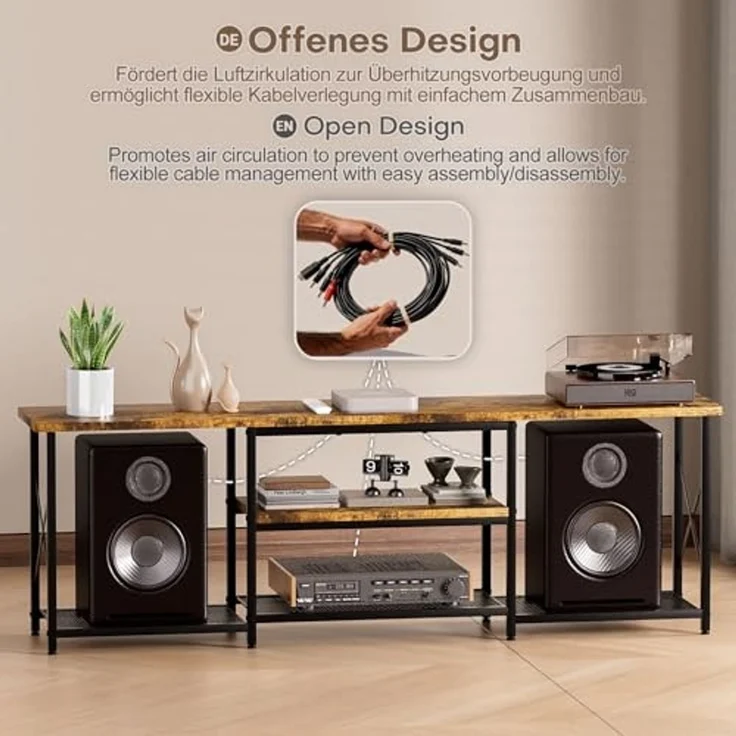 Yorbay Lowboard TV Schrank für Fernseher bis zu 70 Zoll,160 Breite mit offene Fächer, Schwarz & Retro Holzfarben - Für Wohnzimmer & Schlafzimmer – Bild 3