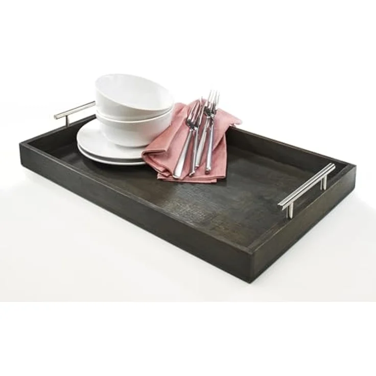 Kobolo Tablett rechteckig aus Bambus mit Metallgriffen - grau, Bambus – Bild 3