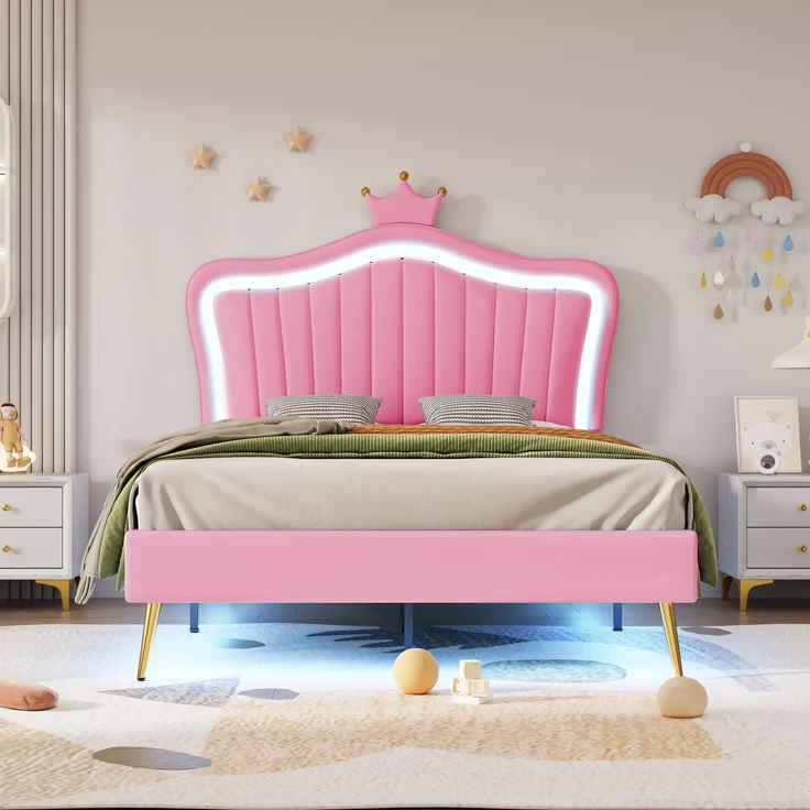 Bett 90x200 cm aus PU-Kunstleder mit LED-Leiste und verstellbarem Kopfteil – kindgerechtes Design in Pink – Bild 3