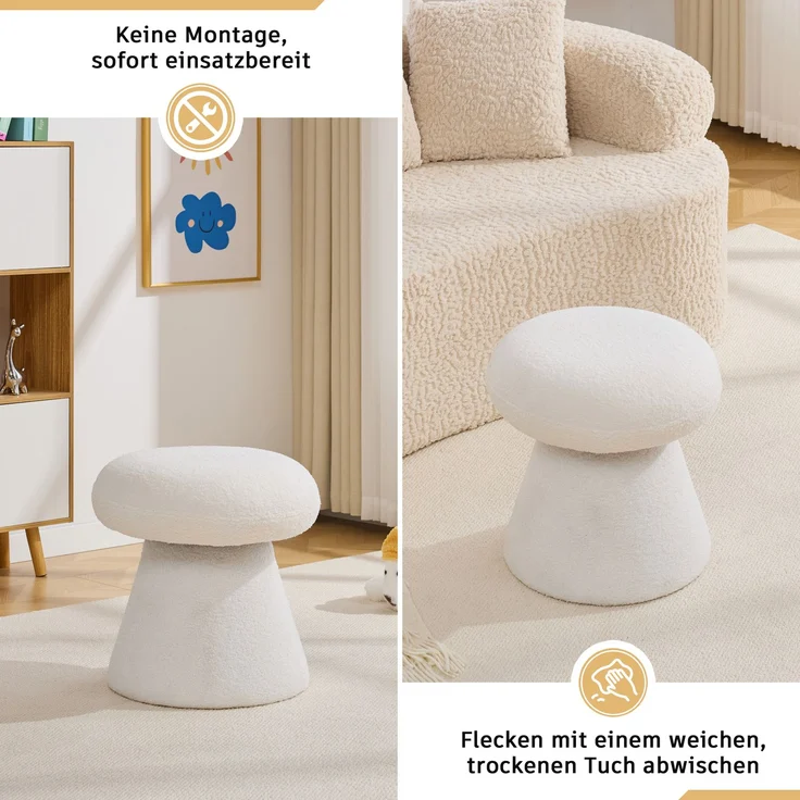 066-Moderner Drehbarer Hocker für Wohnzimmer Schlafzimmer, Kreativer Pilzform Teddystoff Polsterhocker mit 360 Rotation, Bequemer Kleiner Schminktisch Hocker für Erwachsene & Kinder, Weiß--Weiß--41x41x44cm--YOUDENOVA – Bild 7