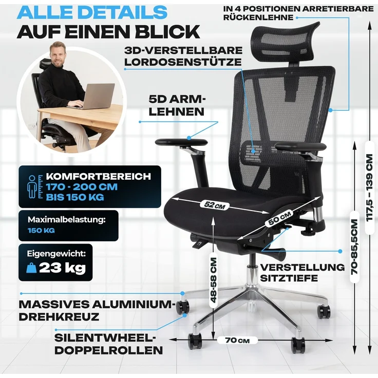 VALKENSTOL M8 - Premium Ergonomischer Bürostuhl Für Große Nutzer Bis 2,00 Meter – Bild 7