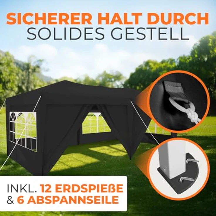Kronenburg Faltpavillon wasserdicht Pavillon mit 6 Seitenteilen, Gartenzelt, 3x6 m - mit UV Schutz 50+, Schwarz – Bild 6
