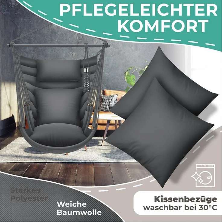 KESSER® Hängesessel Haiti 150kg Traglast, Hängestuhl 360° Drehung, Hängeschaukel Indoor-Outdoor UV-beständig & Wasserfest, Pflegeleicht, Inkl. 2 Kissen, Tragetasche, Flaschenhalter & Montage-Set Anthrazit / Anthrazit – Bild 4