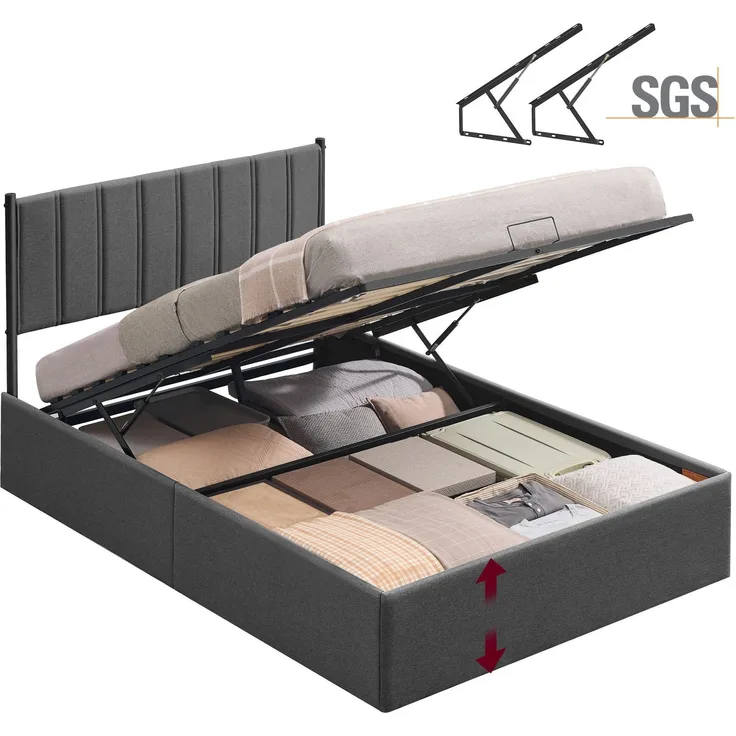 VASAGLE Bettgestell, Bettrahmen, Bett, 140 x 200 cm, klappbar Lattenrost, Unterbettaufbewahrung, Kopfteil, Hydrauliksystem, modern, einfache Montage, dunkelgrau