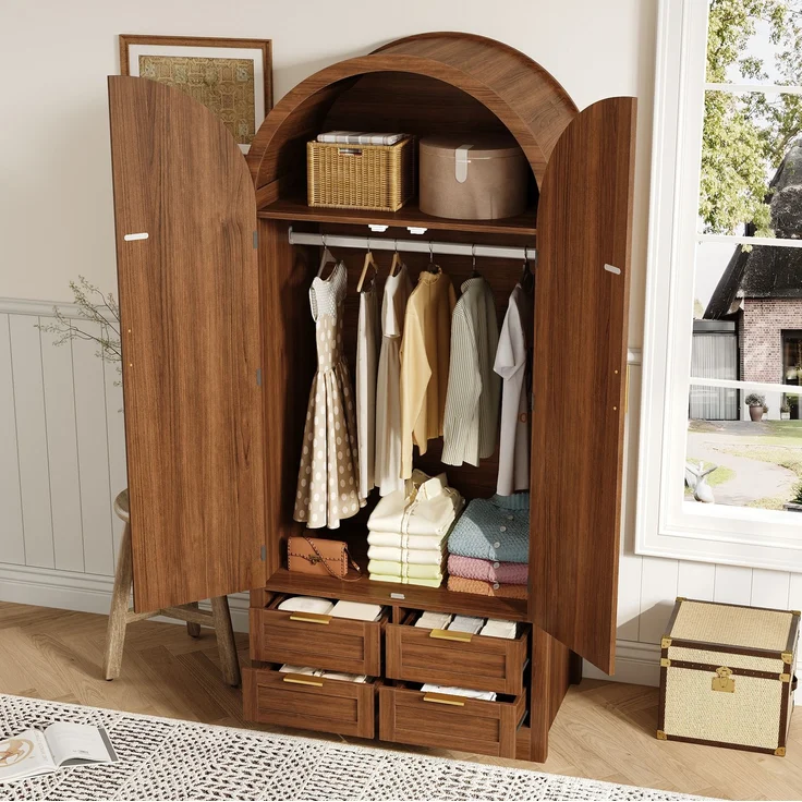 Kleiderschrank aus MDF mit geschwungenen Türen, Rattan-Optik, Schubladen, 80x50x179 cm, Walnut – Bild 6