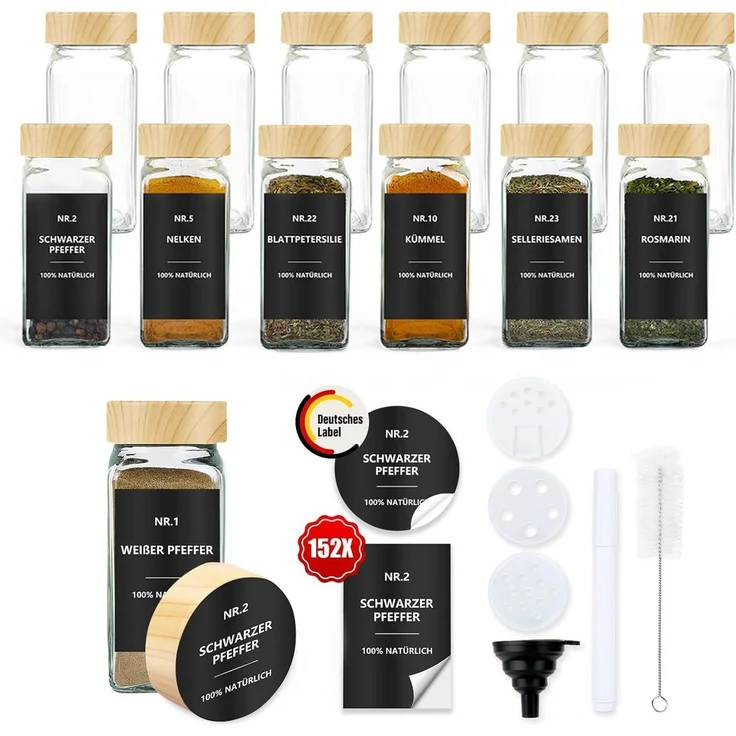 BBWL Pfefferstreuer Gewürzgläser Set eckig 120 ml mit Zubehör, 12er, 24er oder 36er Set, (12-tlg), luftdichte Gewürzdosen aus Glas mit Etiketten für Schubladen&Organizer – Bild 5