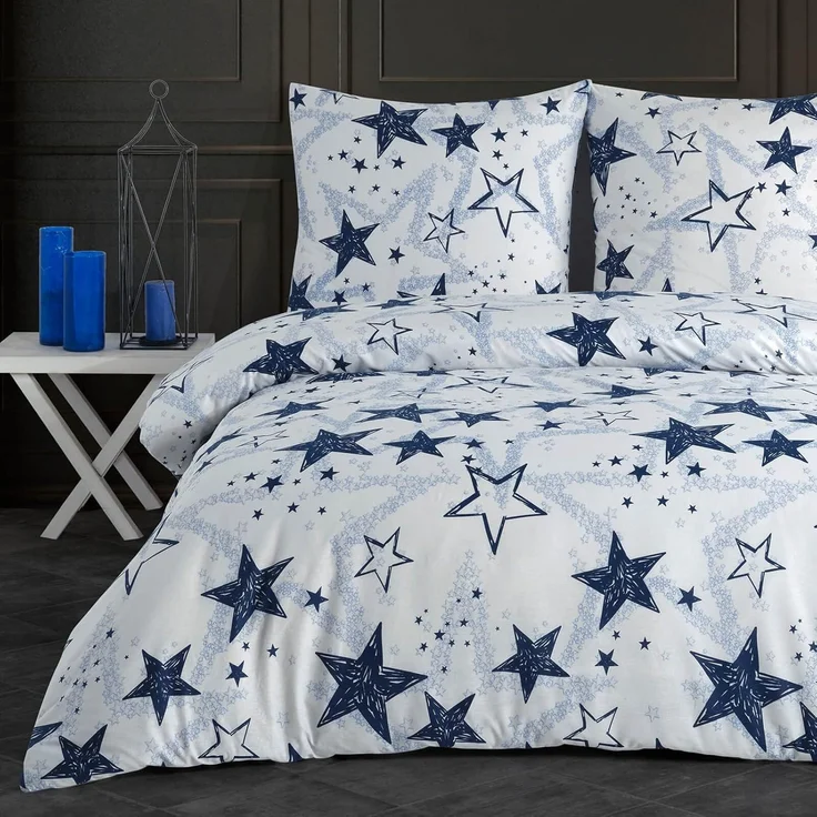 Buymax Bettwäsche, Renforcé: 100% Baumwolle, 3 teilig, Bettbezug-Set, 200x200 cm, mit Reißverschluss Sterne Stars Weiß Blau – Bild 1