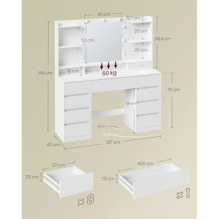 VASAGLE Kailyn Kollektion - Schminktisch mit Spiegel und LED-Leuchten, Steckdosenleiste, 9 Schubladen, 9 dimmbare Glühbirnen, 3 Lichtfarben, werkzeuglose Gleitschienen, wolkenweiß RDT141WB02 – Bild 7