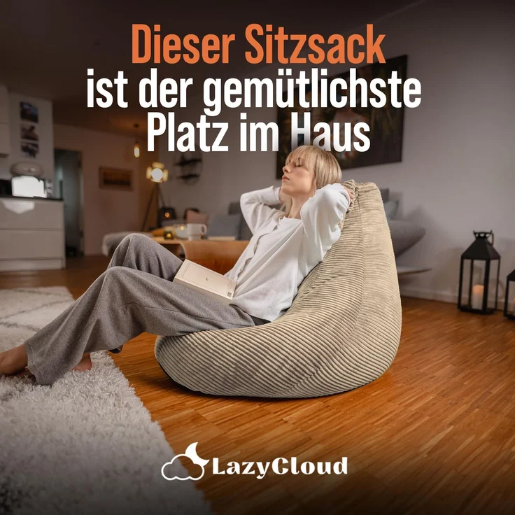 LazyCloud Sitzsack für Erwachsene mit integrierter [Nackenstütze] Cord | XXL Indoor Bean Bag mit Füllung | perfekt als Chill-, Lese- oder Gaming Sessel (90 x 80 x 70 cm) (Sandbeige) – Bild 2