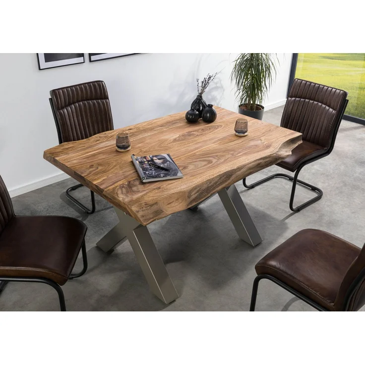 Baumtisch Sheesham 140x90x77 natur gebeizt / X-Beine silber matt FREEFORM 5 – Bild 2
