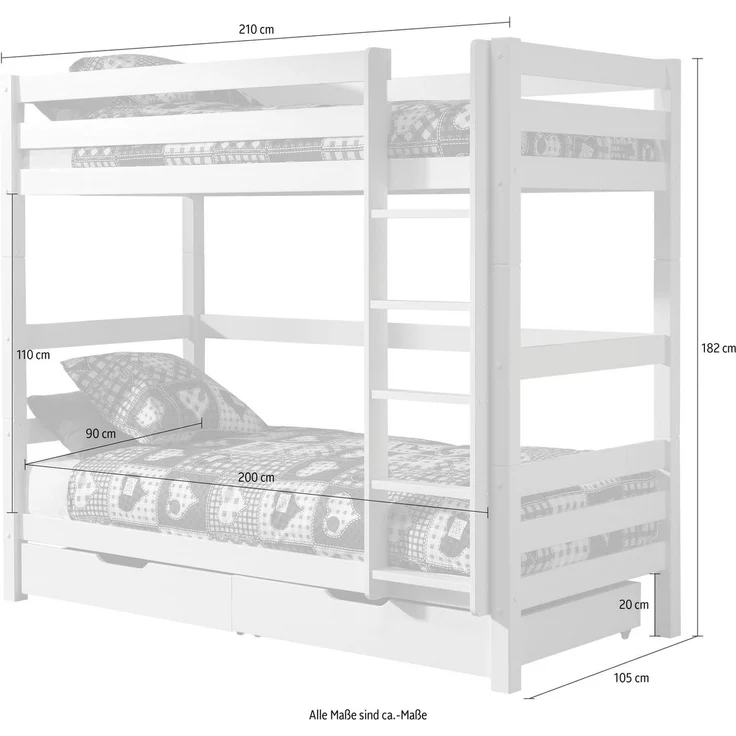 Vipack 'Pino' hohes Etagenbett 90x200 cm, weiß, Kiefer massiv, inkl. Bettschubladen – Bild 3