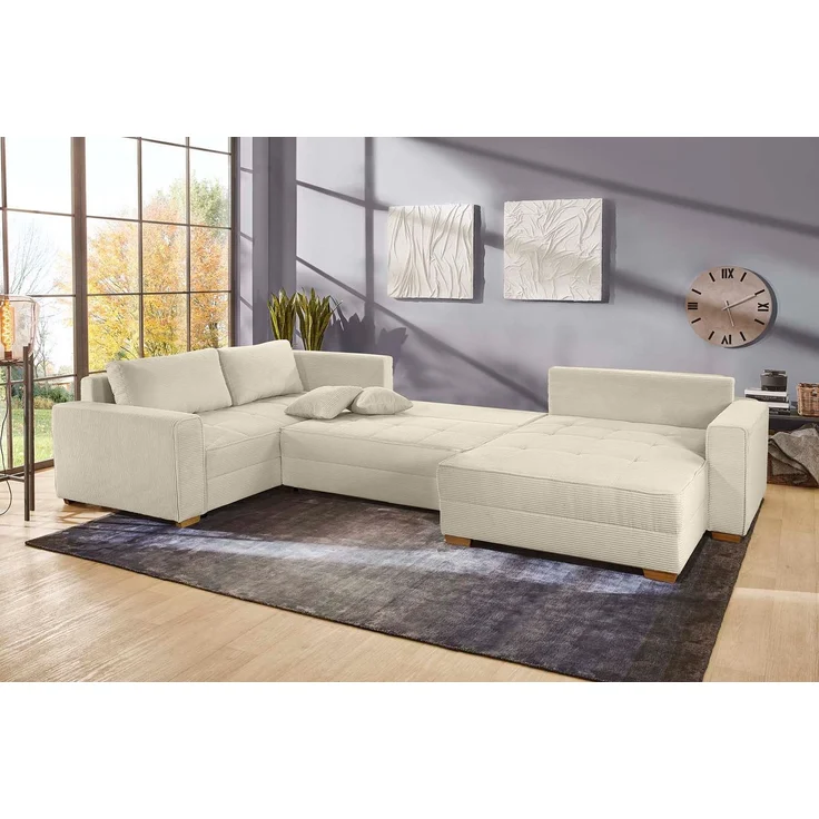Wohnlandschaft U-Form Sofa Schlaffunktion Couch Bettkasten Cord in Grau Beige – Bild 5