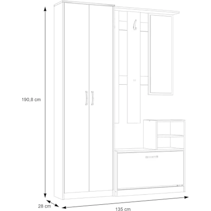 Forte NIKO Garderobenschrank 130 140, Skandi-Mehrzweckschrank, 2-türig, 1 Schublade, Spiegel, Haken, Flur, Sonoma Eiche Holzdekor, 135 cm breit x 190,8 cm hoch x 28 cm tief – Bild 3