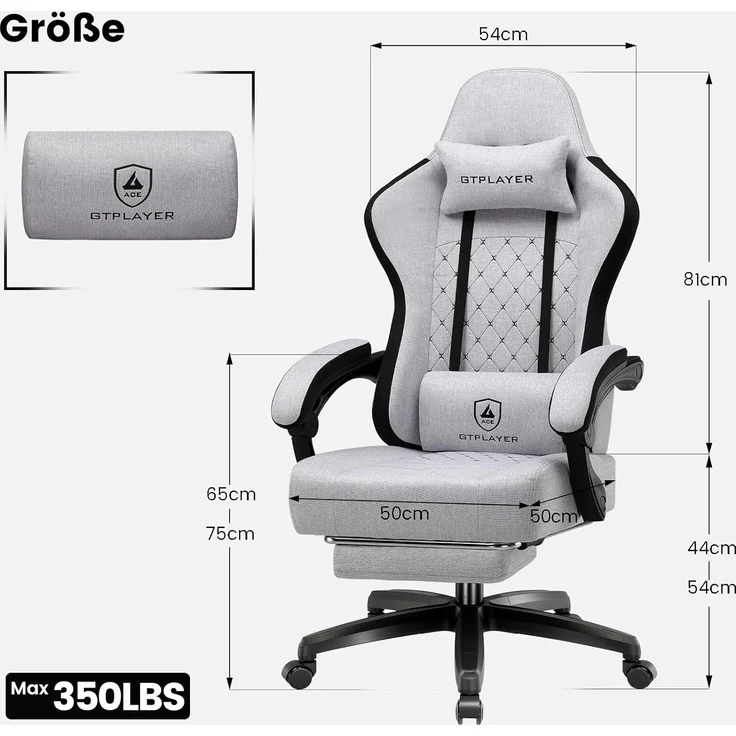 GTPLAYER Gaming-Stuhl Ergonomischer Gaming Sessel Schreibtischstuhl mit Stoffoberfläche (Pacekung), Federsitzkissen mit Fußstütze – Bild 2