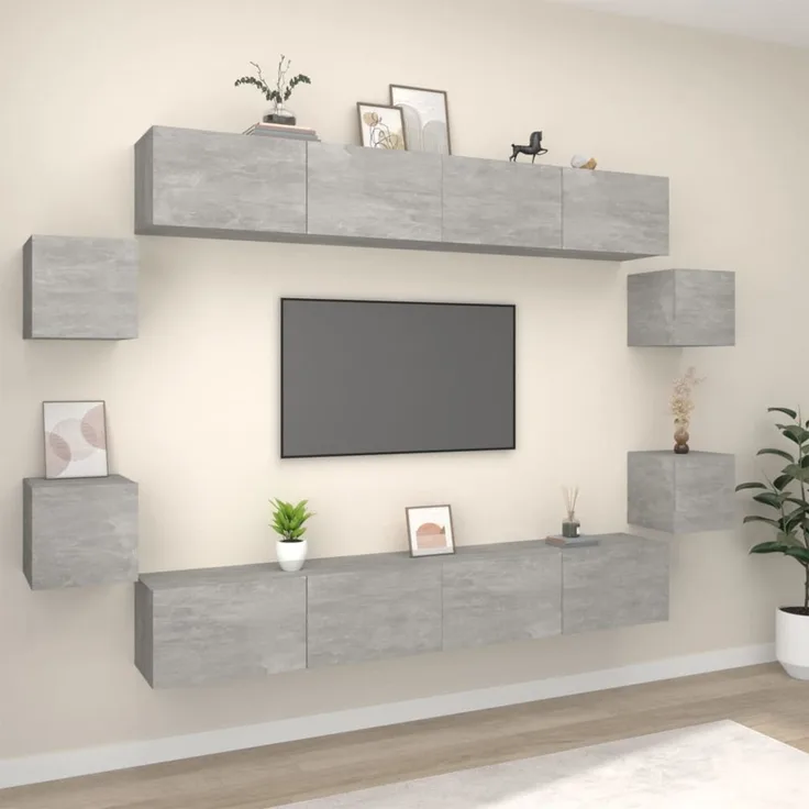 8-tlg. TV-Schrank, Lowboard TV Set Betongrau Holzwerkstoff