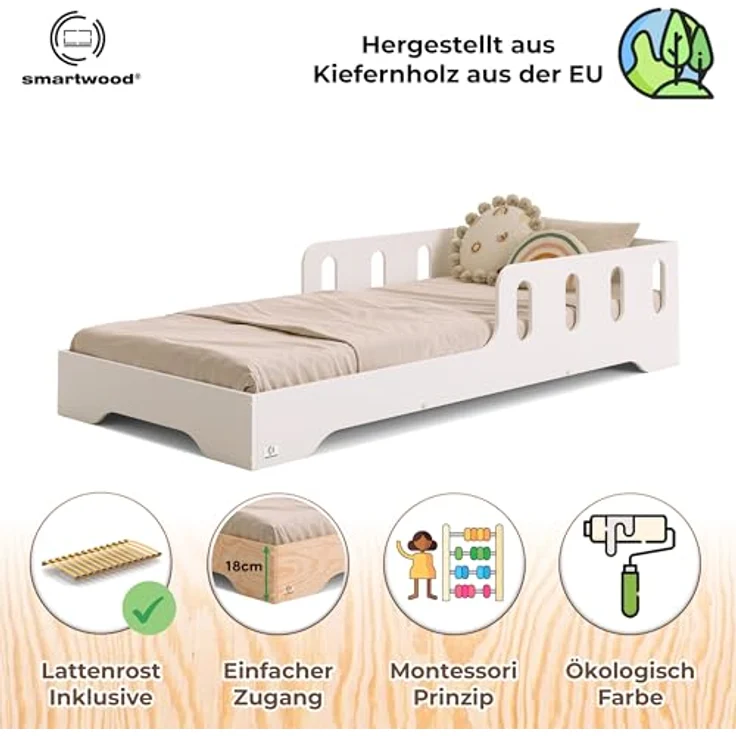 smartwood Kinderbett 70x140 cm in Weiß - Montessori Bodenbett mit Rausfallschutz & Lattenrost - Aus handbemaltem Sperrholz - Sicher für Jungen und Mädchen - Einfache Montage - TILA 6 – Bild 4