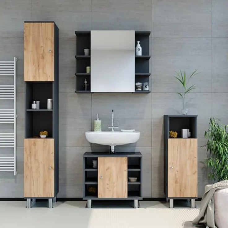 Vichy Badmöbel-Set Fynn, modernes Badmöbelset mit 4 Teilen, Anthrazit/Goldkraft Eiche, großzügiger Stauraum für Badutensilien – Bild 4