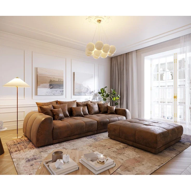 Delife 'Violetta' Big-Sofa, Mirkofaserstoff, 310 x 135 x 62 cm, Braun, mit Hocker – Bild 2