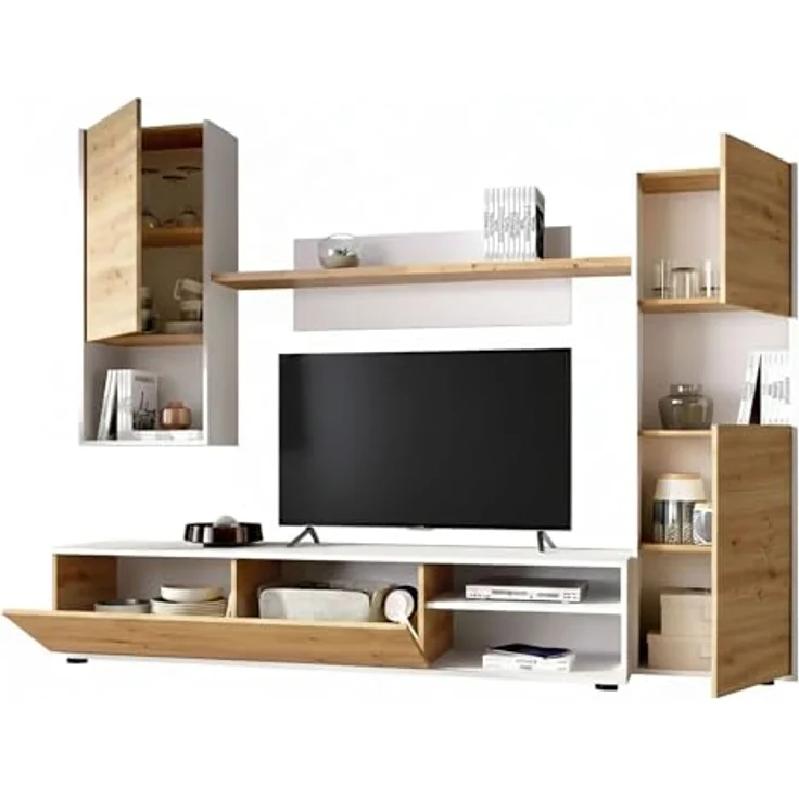 Dmora - Wohnwand Foraker, TV-Ständer-Wohnzimmerset, Mehrzweck-Wohnzimmermöbel, 220 x 41 x 180 cm, Node Oak und Weiß – Bild 3