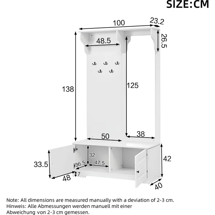 Flieks Garderobe 100 x 40 x 180 cm mit Spiegel, Schuhbank, 5 Haken, 2 Schränken und Regalfächern, Weiß – Bild 4