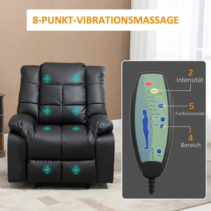 MELAYR, Massagesessel, Relaxsessel, 8 Vibrationspunkte, Liegefunktion, Kunstleder, schwarz, 94x99x99cm – Bild 6