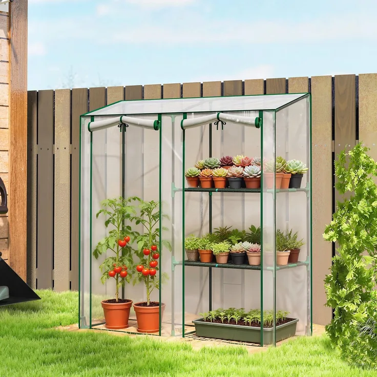 Wohnora-Gartengewächshaus mit 3 Regalböden, kleines Gewächshaus aus PVC-Plane und Stahlrahmen, 2 Rolltüren, transparent,H 1510cm x T 750cm x B 450cm,Transparent