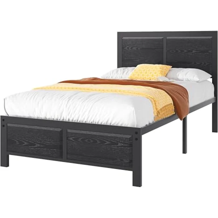 VECELO Bettgestell 90x200 cm, Metallbett mit Dick Holzkopfteil und Lattenrost, Modern Gästebett Jugendbett mit Stauraum Unter Dem Bett, Perfekt für Schlafzimmer, Schwarz – Bild 8
