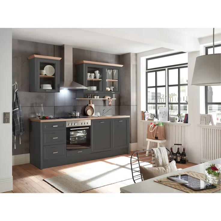 JASMIN Moderne Küchenzeile ohne Elektrogeräte in Graphit, Artisan Eiche Optik - Geräumige Einbauküche im Landhausstil - 235 x 216,5 x 60 cm (B/H/T) – Bild 2