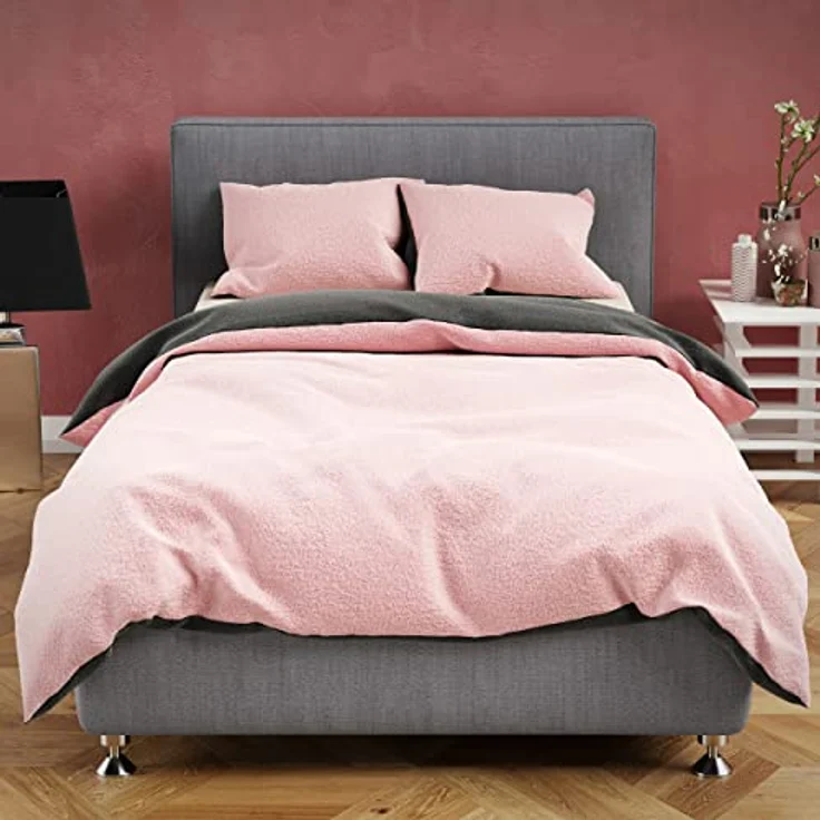 Moderne Plüschbettwäsche mit Reißverschluss - einfarbig, wendbar & warmhaltend Rosa 200x220cm + 2x 80x80cm Kissenbezug – Bild 7