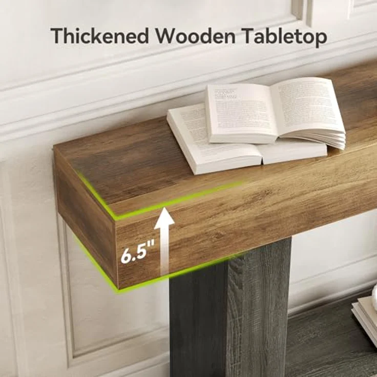 LITTLE TREE Konsolentisch, 160 cm lang, 2-stöckig, Bauernhaus-Sofatisch hinter der Couch, großer schmaler Eingangstisch für Wohnzimmer, Flur, Foyertisch aus Holz mit robuster Basis, rustikales Braun – Bild 6