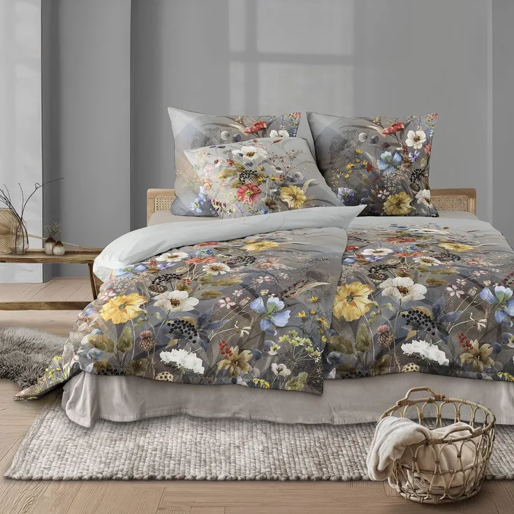 Irisette Flausch Cotton Bettwäsche Zobel 8707-90 Blumen grau 135x200