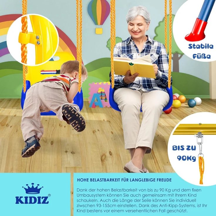KIDIZ® Babyschaukel mit Gestell 3in1 Kinderschaukel mitwachsend für Babys ab 6 Monate & Kinder bis 10 Jahre für drinnen & draußen, bis 100kg belastbar, Schaukelgestell inkl. 4 Sandsäcke 5kg auffüllbar Bunt – Bild 4