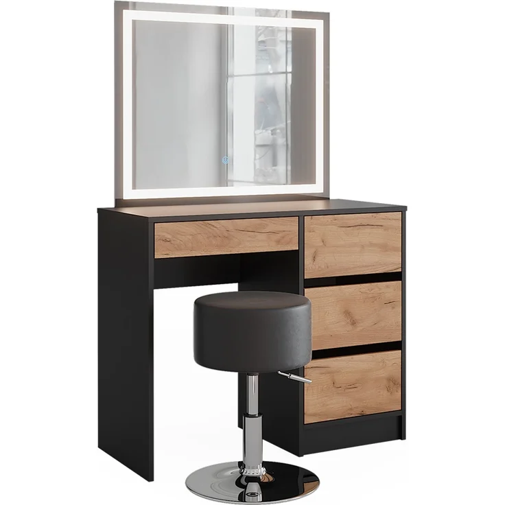 Schminktisch Sherry Anthrazit/Goldkraft Eiche 90 x 75 cm mit LED-Spiegel und Hocker Vicco – Bild 1