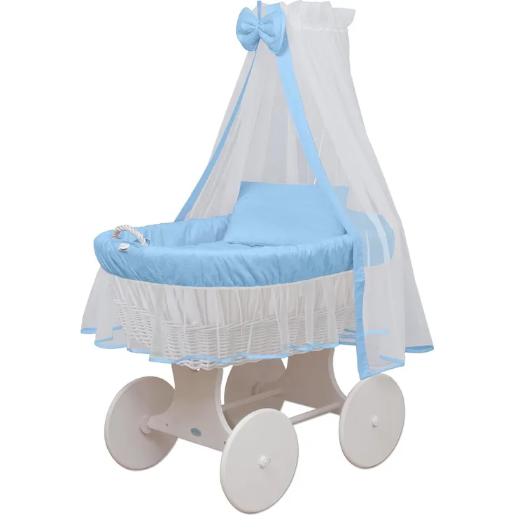 WALDIN Stubenwagen-Set mit Ausstattung Gestell/Räder weiß lackiert, Ausstattung blau/weiss