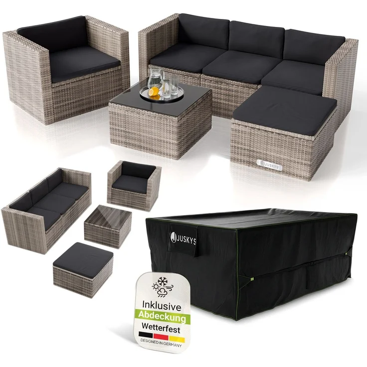 Juskys Polyrattan Lounge Punta Cana L grau-meliert inkl. Abdeckung – Gartenlounge für 4-5 Personen – Sitzgruppe mit Sessel, Sofa, Tisch & Hocker - Sitzbezüge Grau – Bild 1