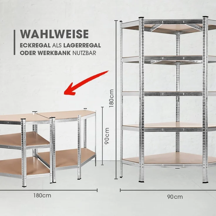 EASYmaxx Schwerlastregal 180 x 90 x 40 cm | Eckregal & 2 Lagerregal | 2625 kg Traglast, 175 kg pro Ebene | Regal und Werkbank | Kellerregal, Lagerregal mit 15 verstellbaren Ablagen – Bild 6