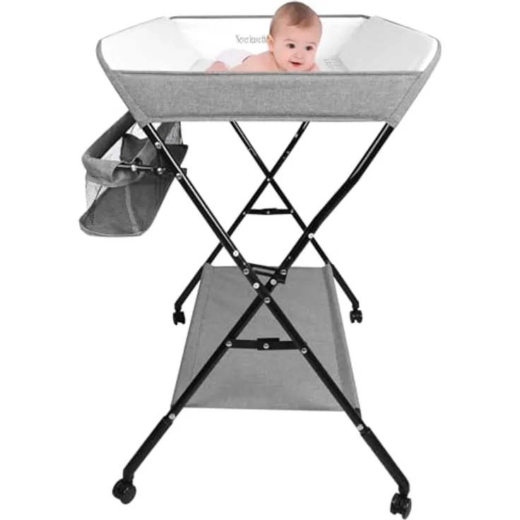 Wickeltisch Faltbar und Tragbar 3 in 1, max. Belastung 25 kg für neue, Wickeltisch mit Aufbewahrungskorb, Sicherheitsgurt und 4 Rollen mit Bremse, höhenverstellbar, 86 * 62 * 96 cm-grau