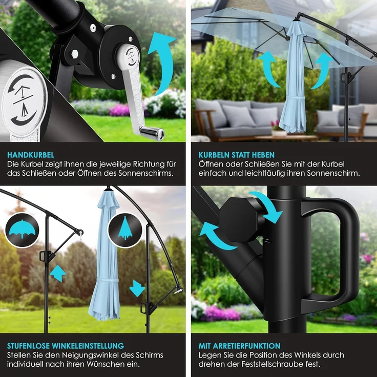 KESSER® Ampelschirm Holly Sonnenschirm Rechteckig ohne LED Solar inkl. Abdeckung + Windsicherung mit Kurbel | Kurbel-Schirm mit Ständer UV-Schutz Aluminium Wasserabweisend Ø350cm Gartenschirm Hellblau – Bild 4