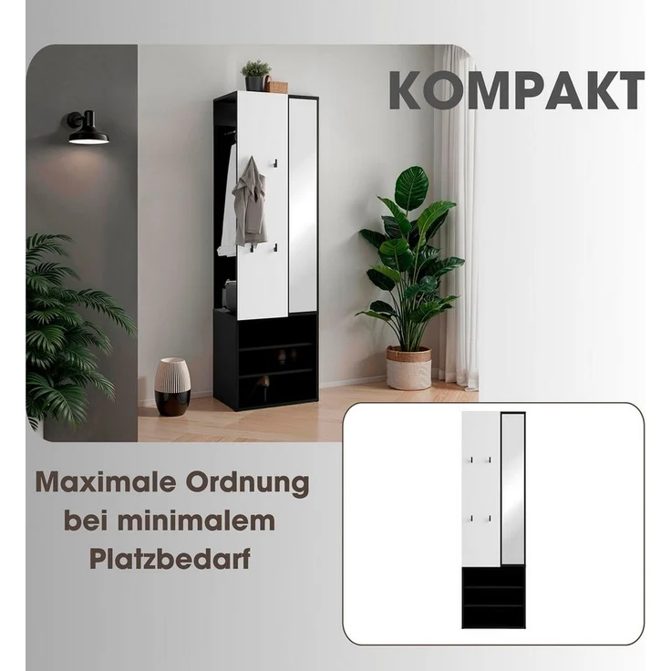 byLIVING Kompaktgarderobe Andorra/Spiegel, Kleiderstange und Schuhfächer/Garderobenschrank/Flurgarderobe/Maße: B 55, H 187,5, T 40,5 cm (Weiß) – Bild 2