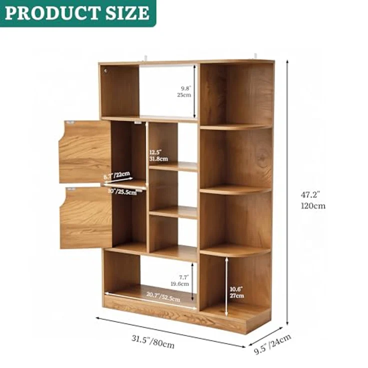 YITAHOME Freistehendes Bücherregal mit 9 offenen Regalböden und 2 Türen (Stoffbezug) für Wohnzimmer, Schlafzimmer, Büro, Eichenfarbe, 80 × 24 × 120 cm (B × T × H) – Bild 3
