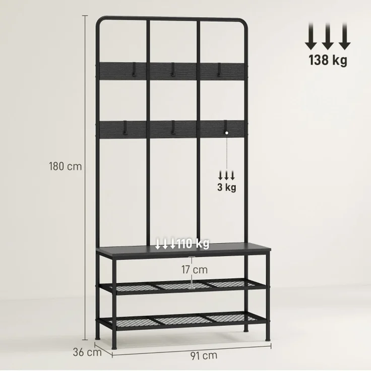 Garderobenständer 104x42,5x18 cm mit Sitzbank, 6 Haken und 2-Ebenen-Schuhregal, Schwarz – Bild 8