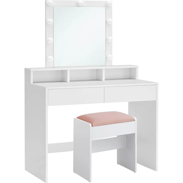VASAGLE Schminktisch mit LED-Beleuchtung, Sitzhocker, Kosmetiktisch mit 2 Schubladen und 3 offenen Fächern, Makeup-Hocker aus Samt, für Schlafzimmer, weiß und mattweiß-pastellrosa RDT714W01 – Bild 1