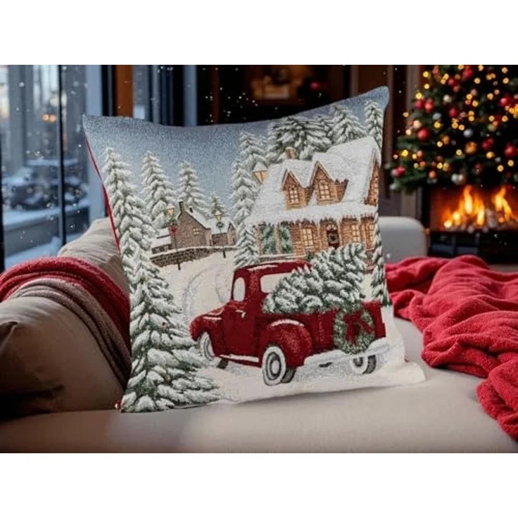 formano Weihnachtskissen 45 cm mit Auto + Baum-Motiv Deko Kissen mit Füllung ohne Reißverschluss - Weihnachten – festliches Sofakissen – Rückseite rot – Winter Dekoration – Bild 2