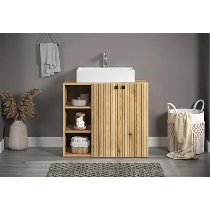 trendteam smart living - PureBliss - Hochschrank - Eiche - Breiter Badezimmerschrank mit Rillenoptik - (BxHxT) 70 x 186 x 31 cm - Badschrank mit edlen Metallgriffen - Praktisches offenes Fach – Bild 7