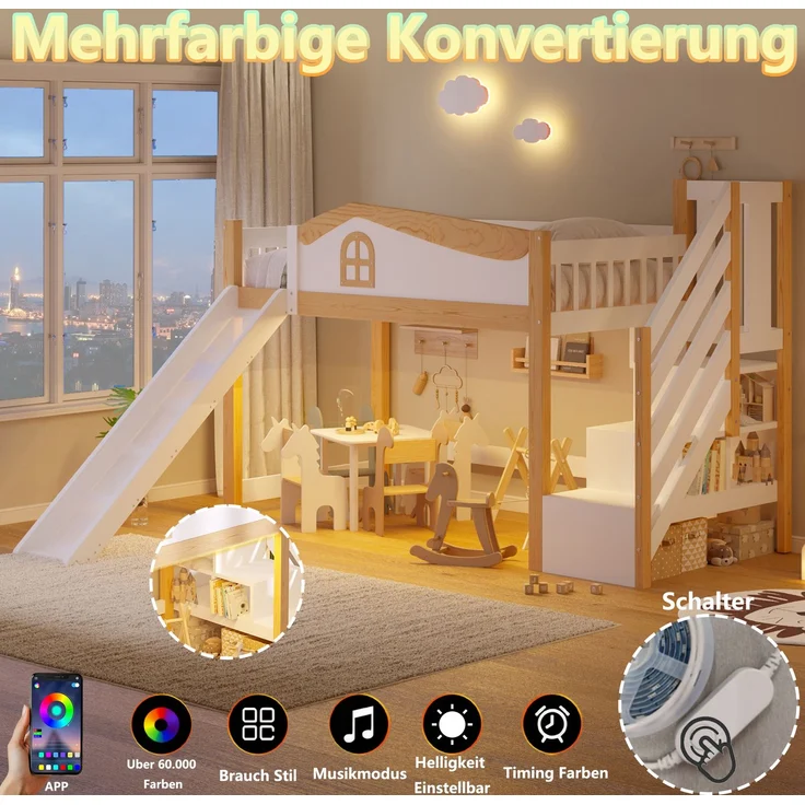 Halbhohes Bett, 90x200cm, Sicherheitsgeländer, Stauraumleiter, Rutsche, mit LED-Lichtleiste, Weiß – Bild 5
