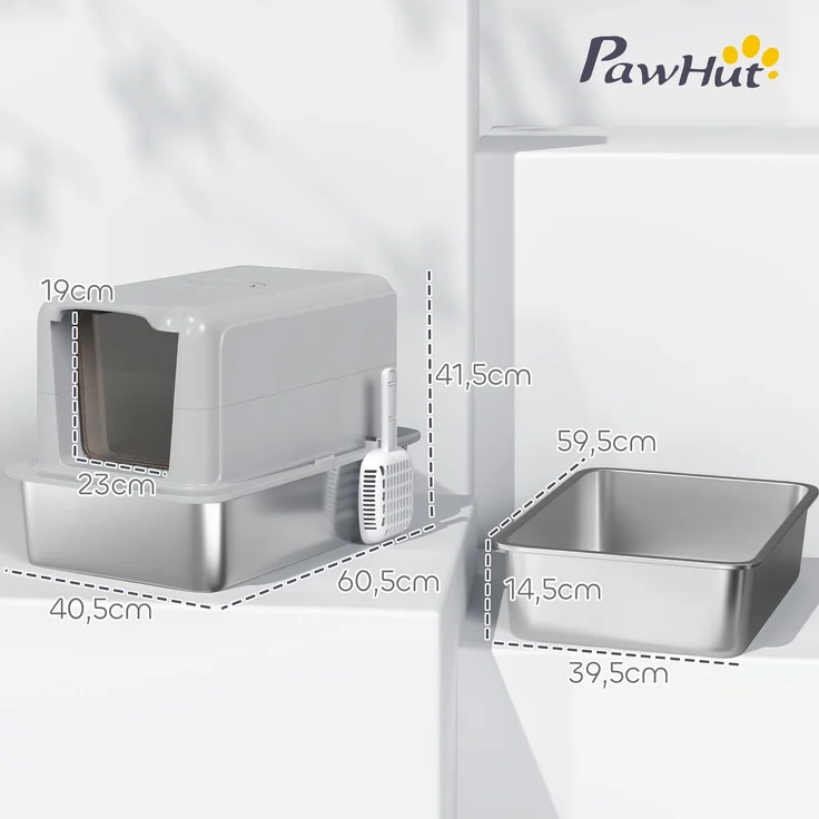 PawHut Katzentoilette, Edelstahl, Kunststoff, Grau, 40,5L x 60,5B x 41,5H cm – Bild 3