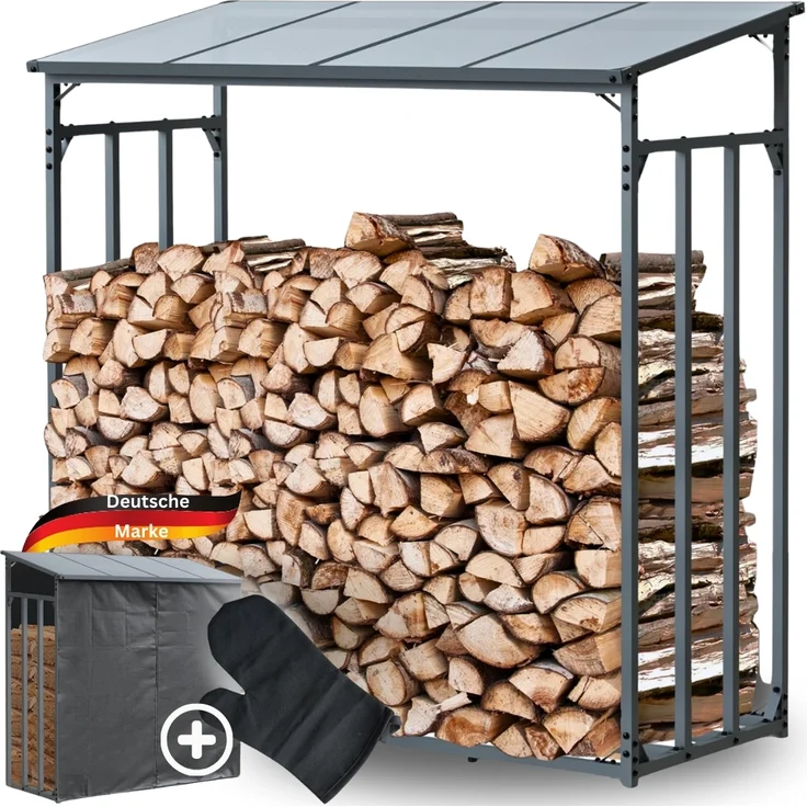 DELUKE® Kaminholzregal Außen mit Dach ELOS - 182x70x185cm | Metallrahmen, Inkl. Ofenhandschuh | Brennholzregal außen Brennholzunterstand Kaminholzunterstand Holzlager – Bild 1