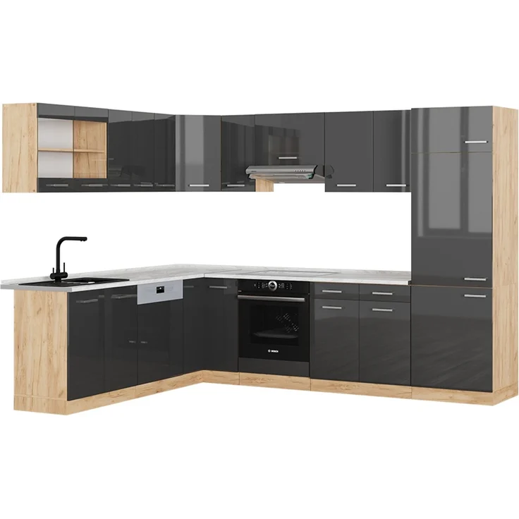 Eckküche R-Line Anthrazit Hochglanz/Goldkraft Eiche 287 x 60 cm , AP Marmor Vicco – Bild 2